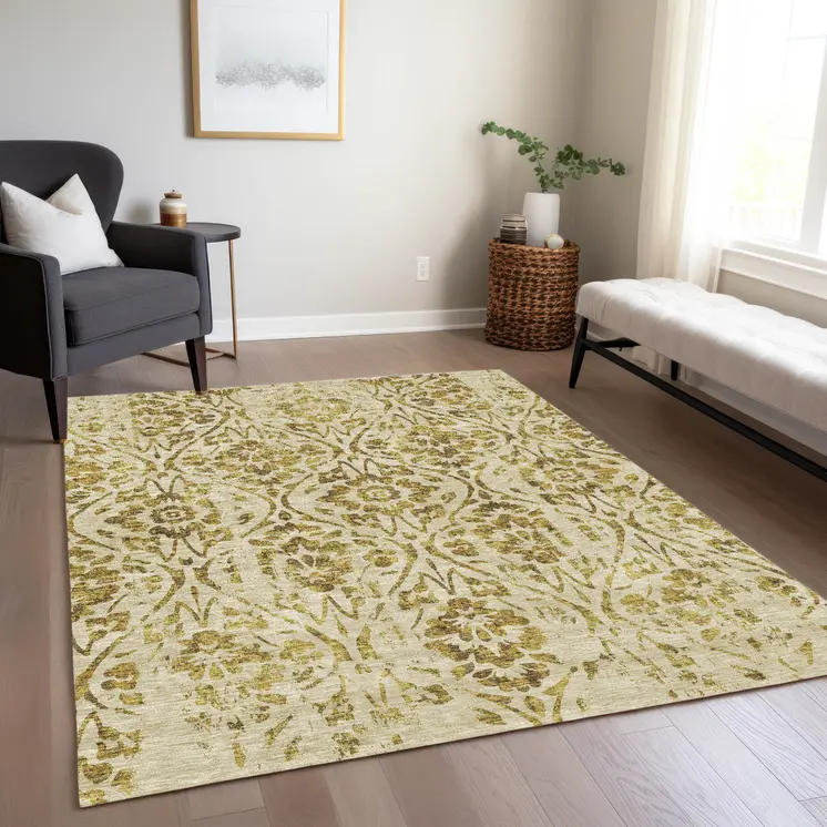5' X 8' Gold And Brown Floral Washable Indoor Outdoor Area Rug