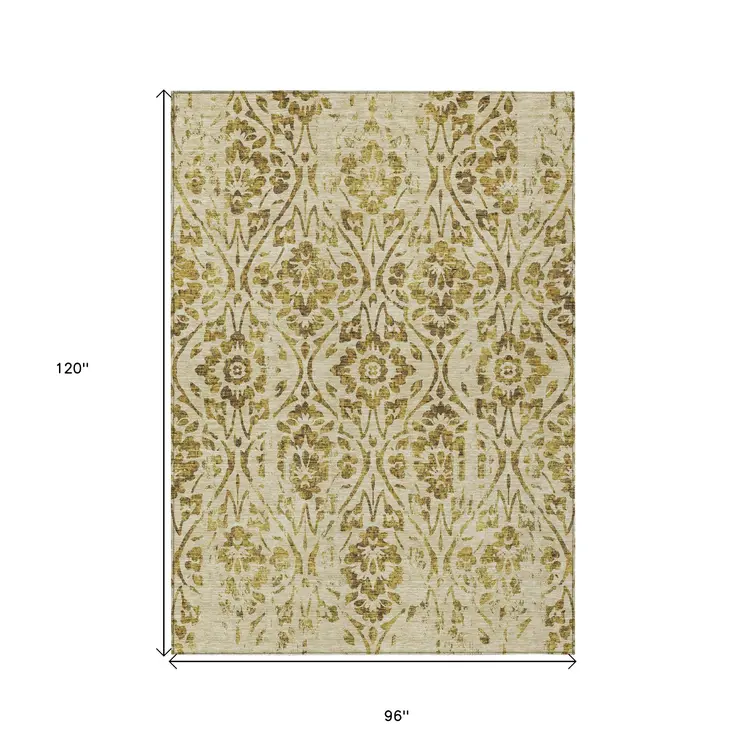 8' X 10' Gold And Brown Floral Washable Indoor Outdoor Area Rug