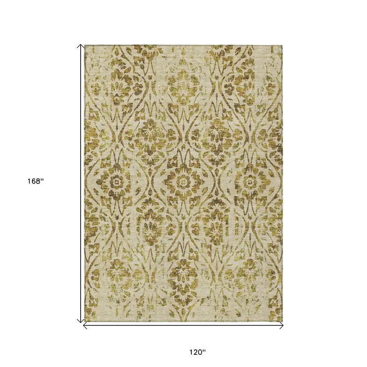 10' X 14' Gold And Brown Floral Washable Indoor Outdoor Area Rug