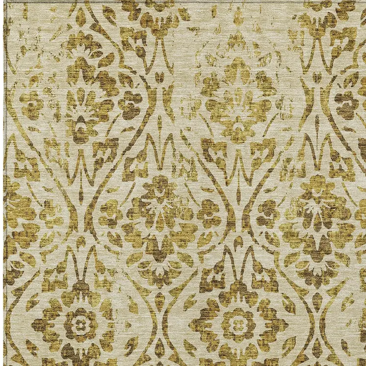 10' X 14' Gold And Brown Floral Washable Indoor Outdoor Area Rug
