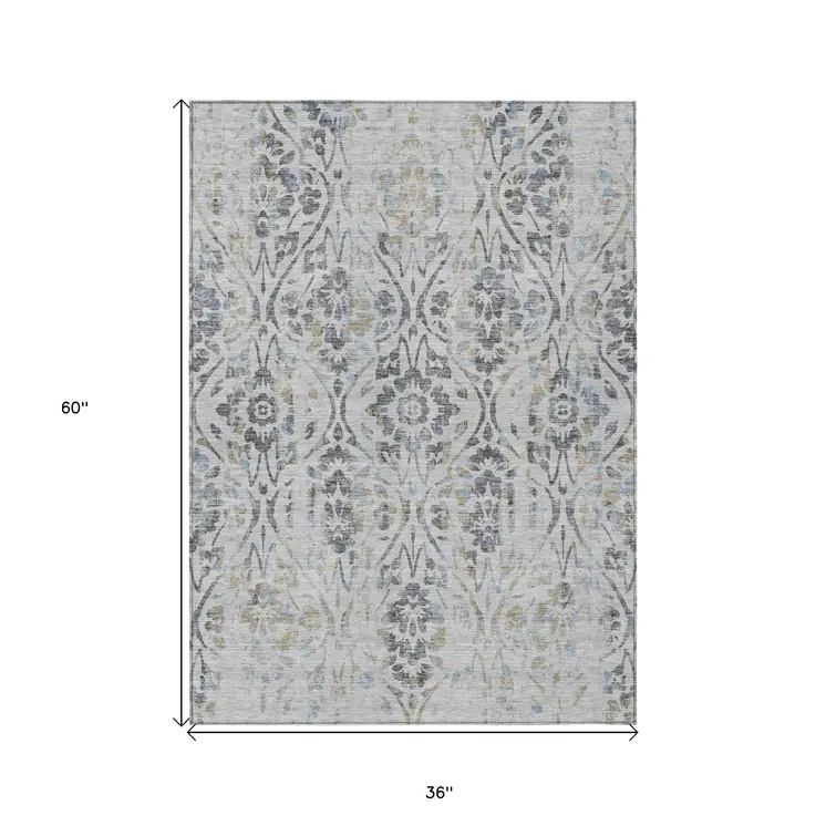 3' X 5' Gray Black And Green Floral Washable Indoor Outdoor Area Rug