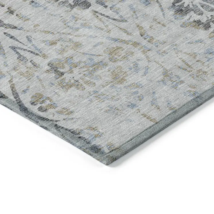 3' X 5' Gray Black And Green Floral Washable Indoor Outdoor Area Rug