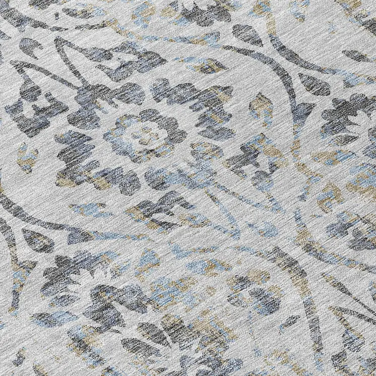 3' X 5' Gray Black And Green Floral Washable Indoor Outdoor Area Rug