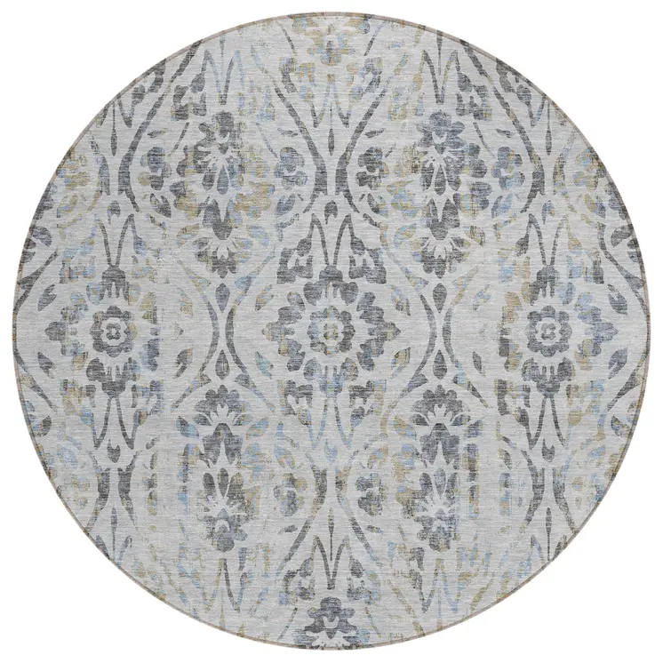 8' Gray Black And Green Round Floral Washable Indoor Outdoor Area Rug