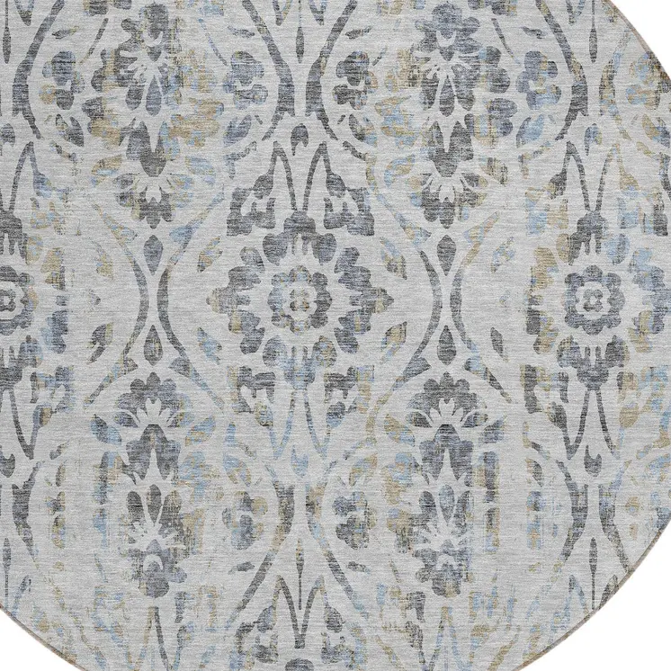 8' Gray Black And Green Round Floral Washable Indoor Outdoor Area Rug