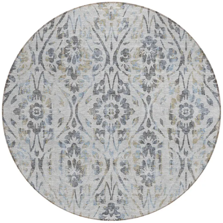 8' Gray Black And Green Round Floral Washable Indoor Outdoor Area Rug