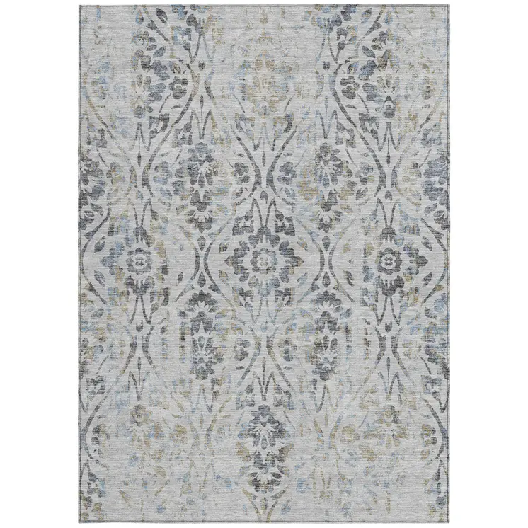 10' X 14' Gray Black And Green Floral Washable Indoor Outdoor Area Rug