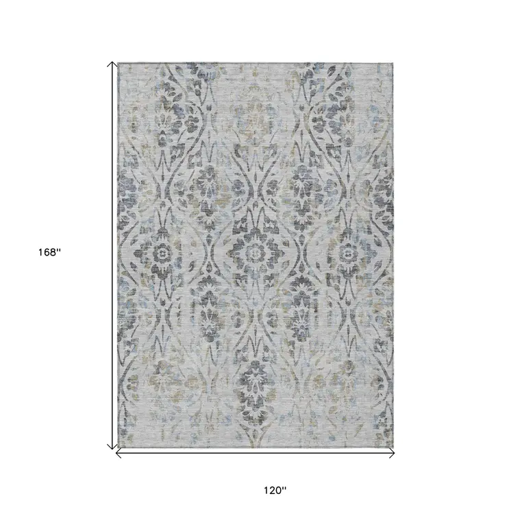 10' X 14' Gray Black And Green Floral Washable Indoor Outdoor Area Rug