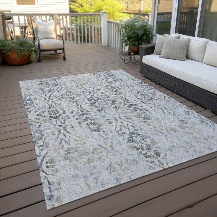 10' X 14' Gray Black And Green Floral Washable Indoor Outdoor Area Rug