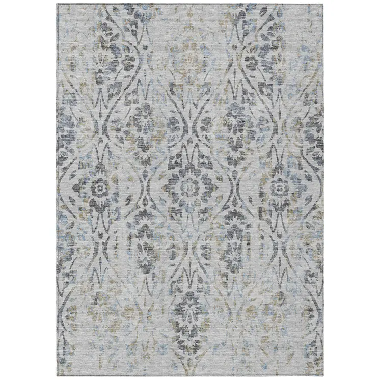 10' X 14' Gray Black And Green Floral Washable Indoor Outdoor Area Rug