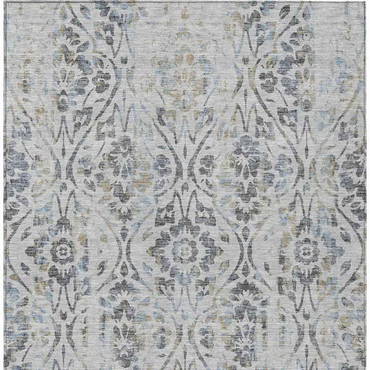 10' X 14' Gray Black And Green Floral Washable Indoor Outdoor Area Rug