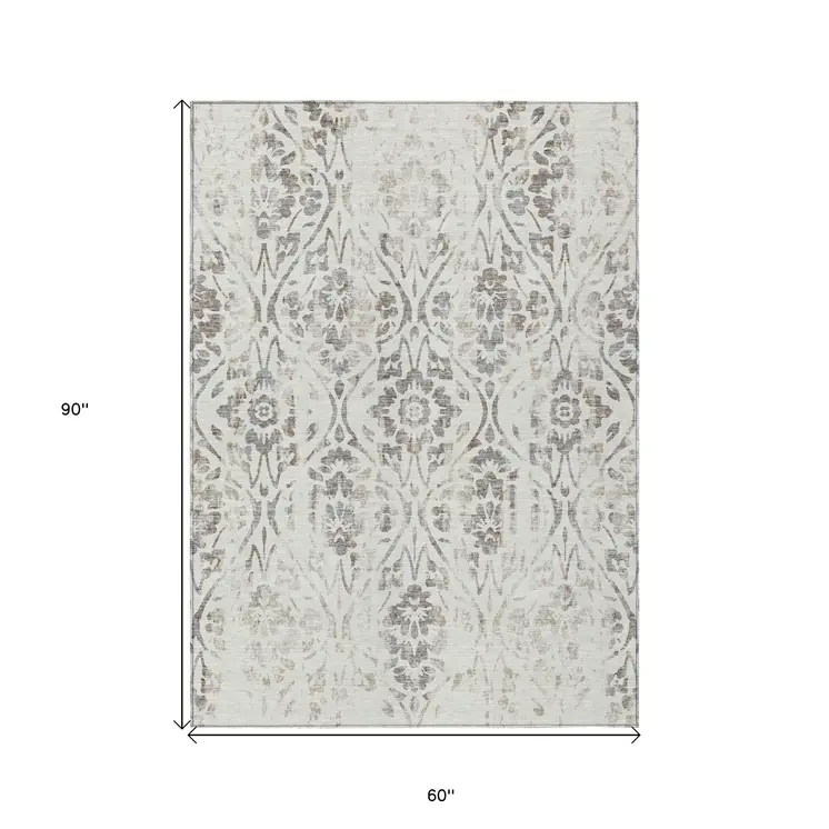 5' X 8' Ivory And Brown Floral Washable Indoor Outdoor Area Rug
