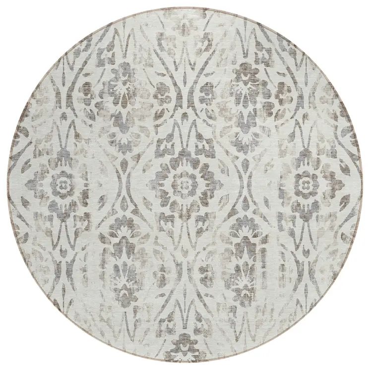 8' Ivory And Brown Round Floral Washable Indoor Outdoor Area Rug