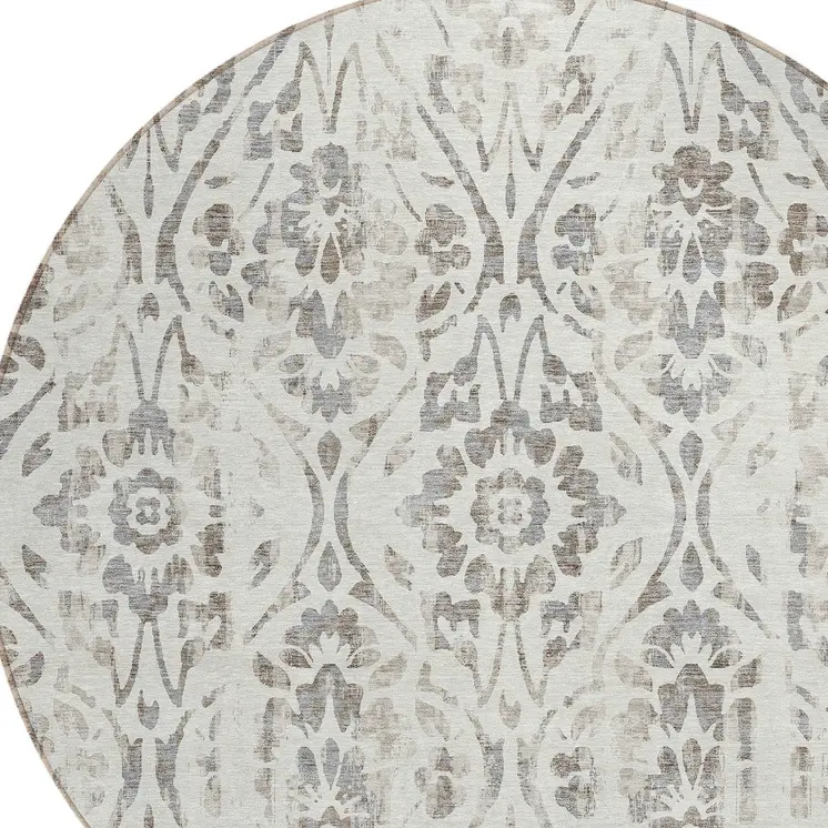 8' Ivory And Brown Round Floral Washable Indoor Outdoor Area Rug