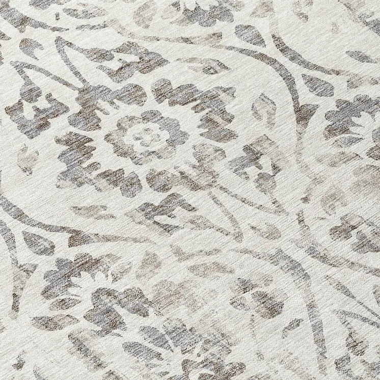 8' Ivory And Brown Round Floral Washable Indoor Outdoor Area Rug