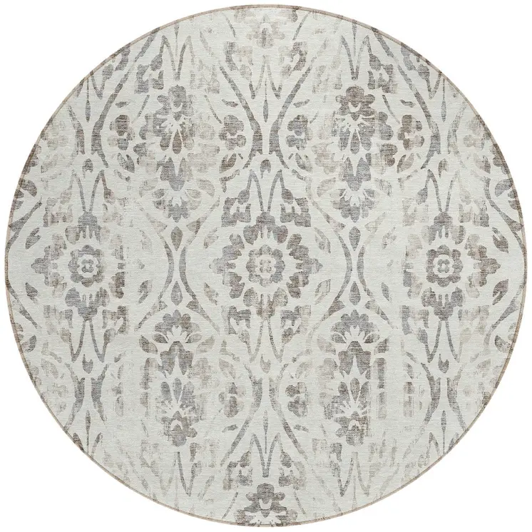 8' Ivory And Brown Round Floral Washable Indoor Outdoor Area Rug