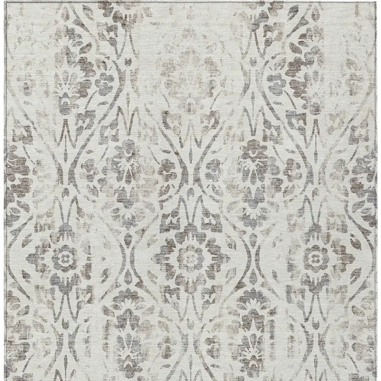 8' X 10' Ivory And Brown Floral Washable Indoor Outdoor Area Rug