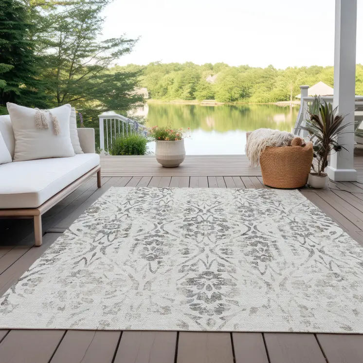 8' X 10' Ivory And Brown Floral Washable Indoor Outdoor Area Rug