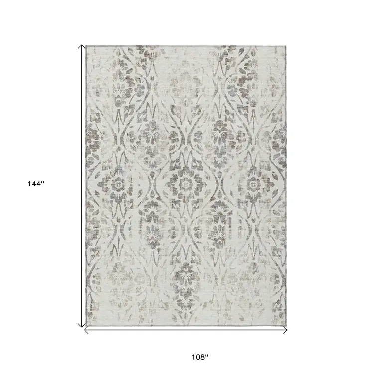 9' X 12' Ivory And Brown Floral Washable Indoor Outdoor Area Rug