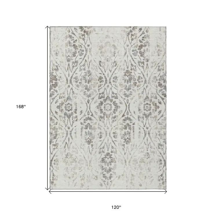 10' X 14' Ivory And Brown Floral Washable Indoor Outdoor Area Rug