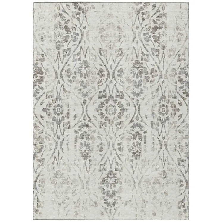 10' X 14' Ivory And Brown Floral Washable Indoor Outdoor Area Rug