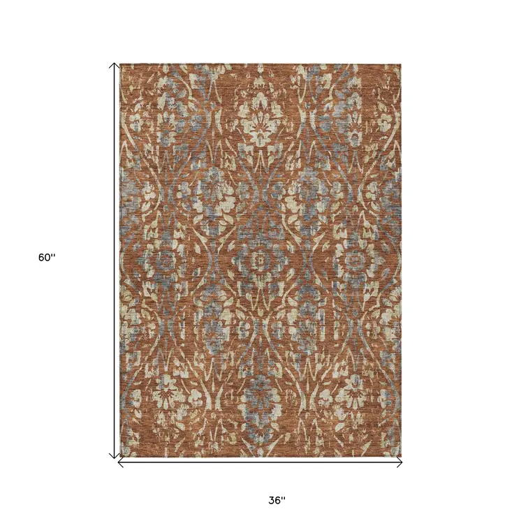 3' X 5' Orange Ivory And Dark Gray Floral Washable Indoor Outdoor Area Rug