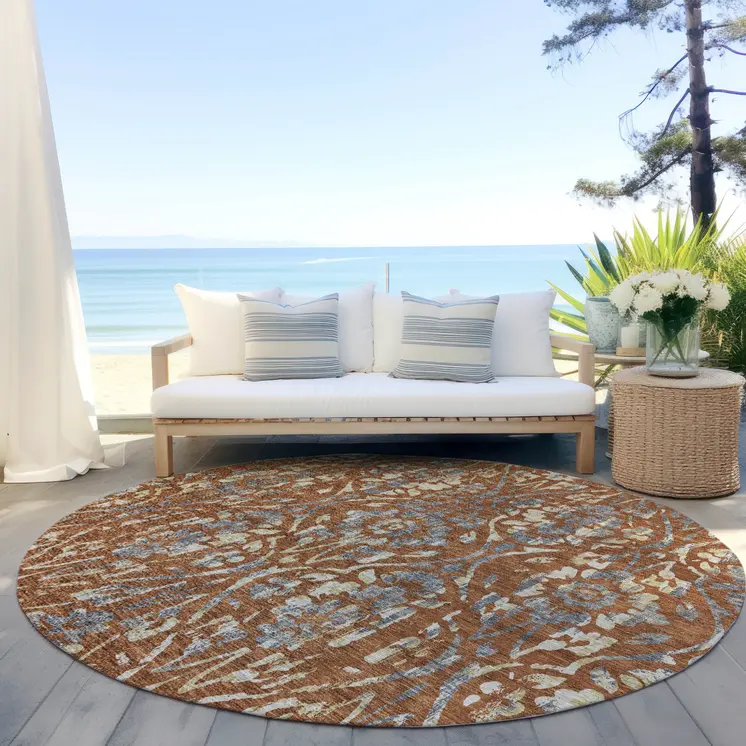 8' Orange Ivory And Dark Gray Round Floral Washable Indoor Outdoor Area Rug