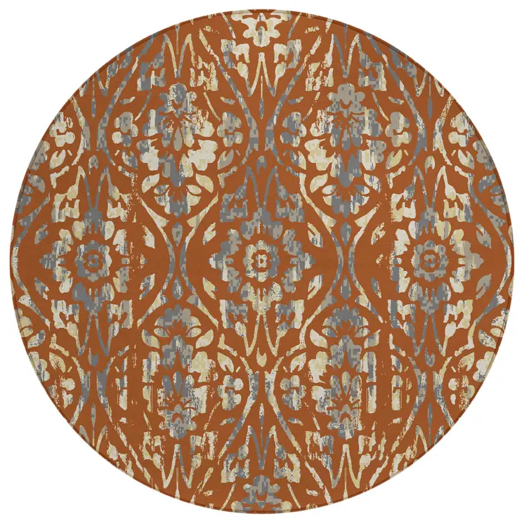 8' Orange Ivory And Dark Gray Round Floral Washable Indoor Outdoor Area Rug