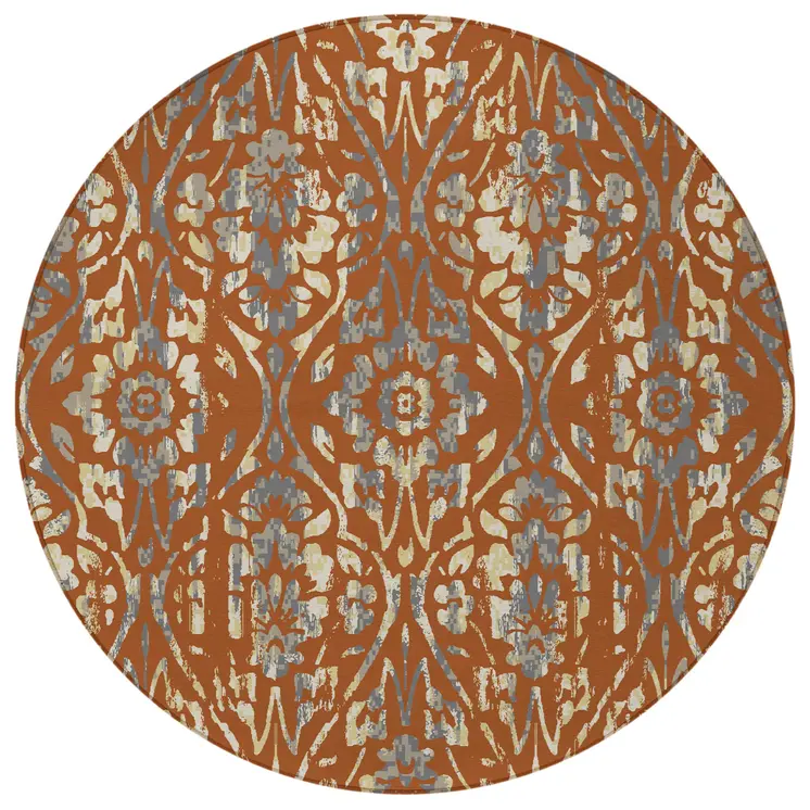 8' Orange Ivory And Dark Gray Round Floral Washable Indoor Outdoor Area Rug