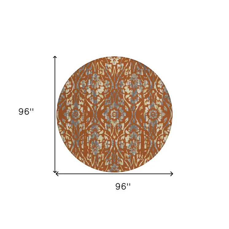 8' Orange Ivory And Dark Gray Round Floral Washable Indoor Outdoor Area Rug