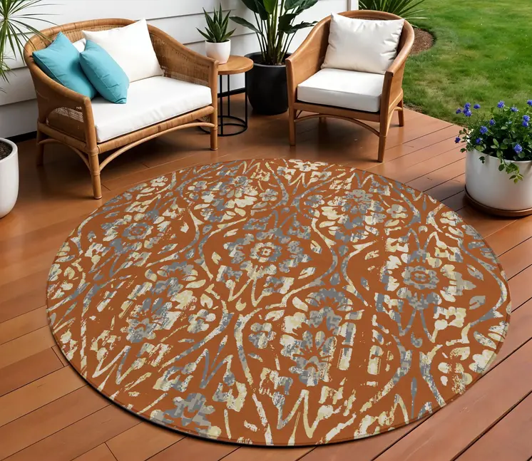 8' Orange Ivory And Dark Gray Round Floral Washable Indoor Outdoor Area Rug
