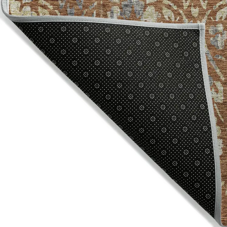 9' X 12' Orange Ivory And Dark Gray Floral Washable Indoor Outdoor Area Rug