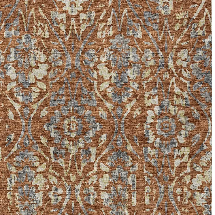 9' X 12' Orange Ivory And Dark Gray Floral Washable Indoor Outdoor Area Rug