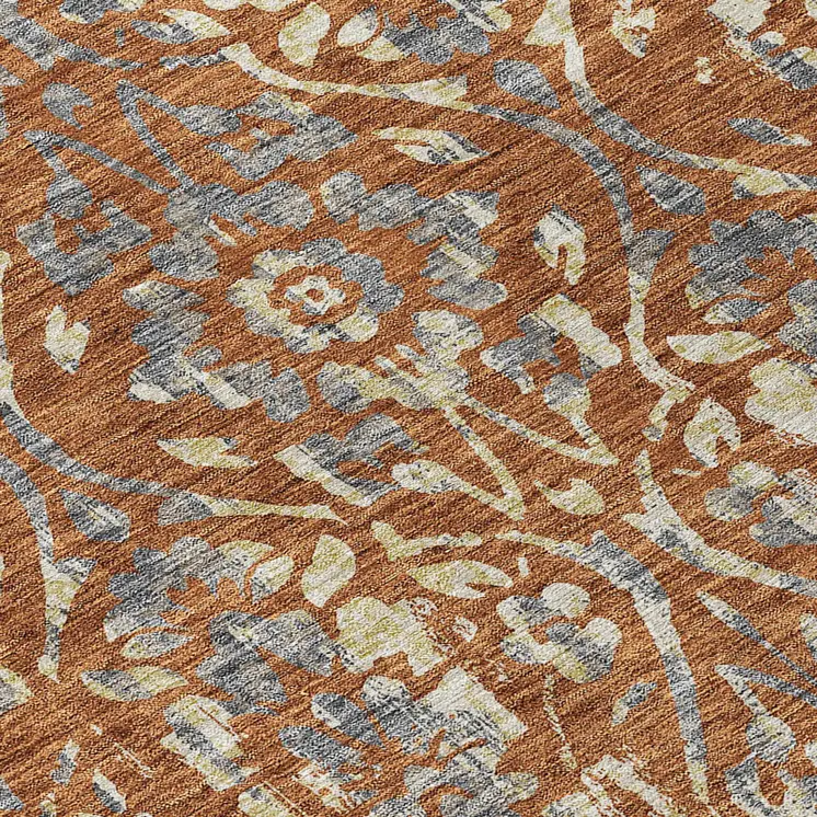9' X 12' Orange Ivory And Dark Gray Floral Washable Indoor Outdoor Area Rug