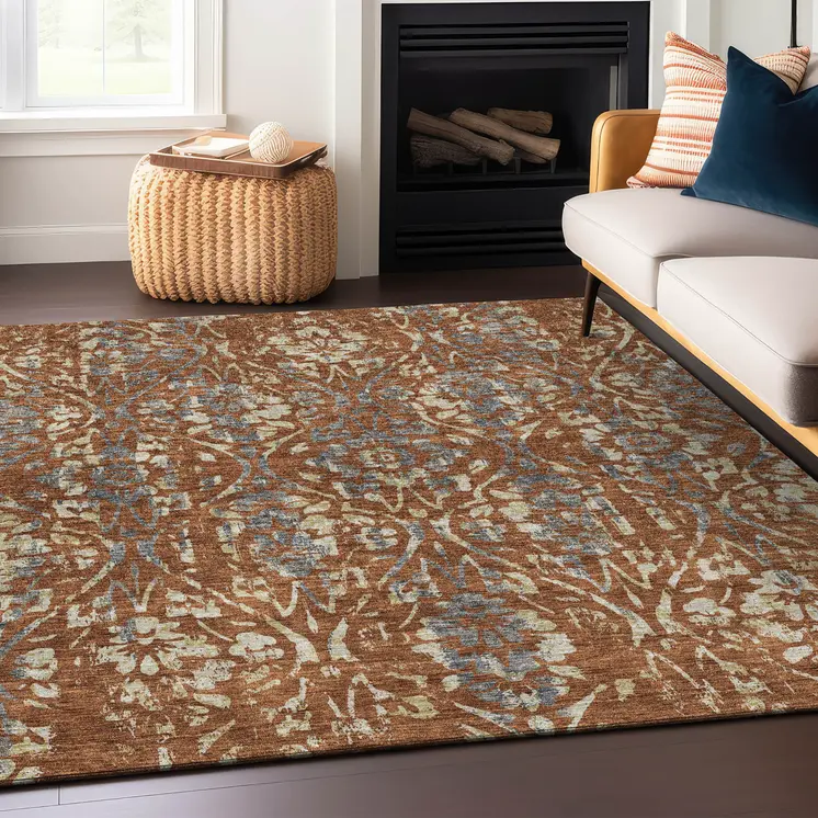 9' X 12' Orange Ivory And Dark Gray Floral Washable Indoor Outdoor Area Rug