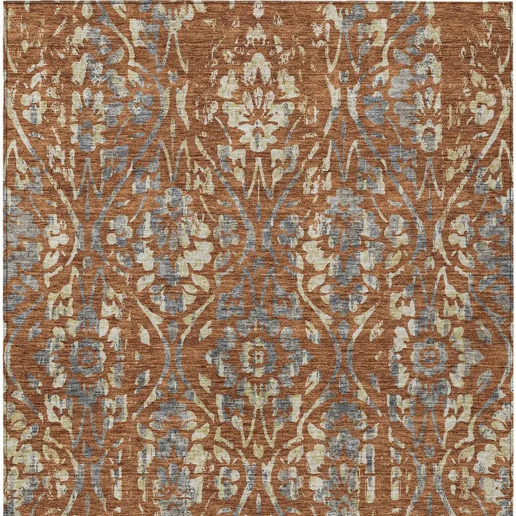 10' X 14' Orange Ivory And Dark Gray Floral Washable Indoor Outdoor Area Rug