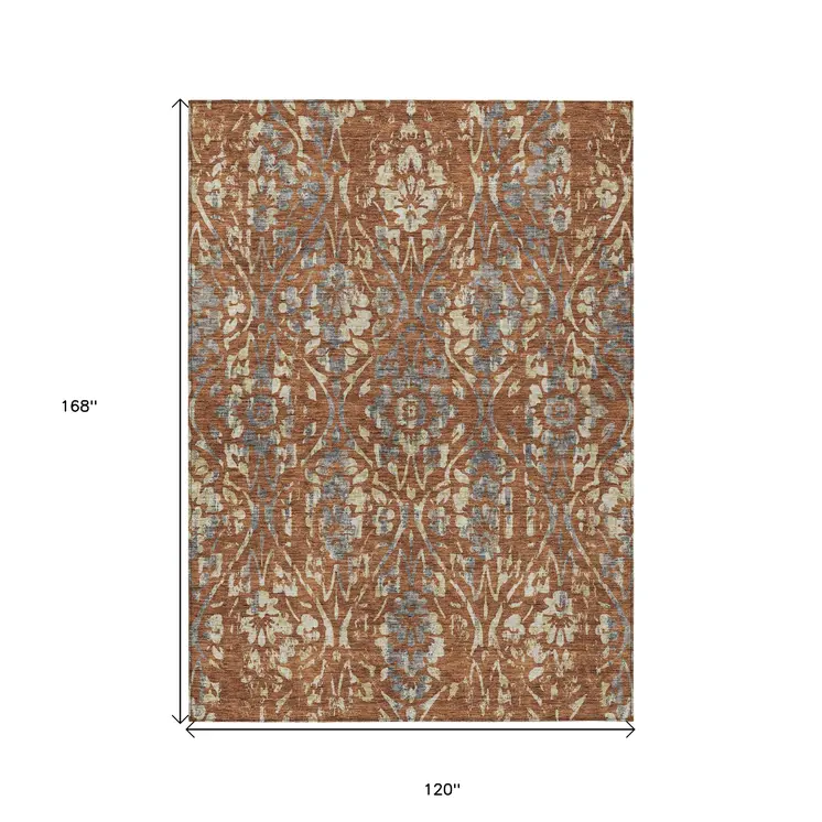 10' X 14' Orange Ivory And Dark Gray Floral Washable Indoor Outdoor Area Rug