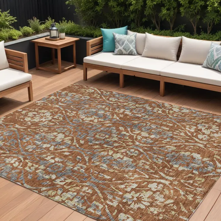 10' X 14' Orange Ivory And Dark Gray Floral Washable Indoor Outdoor Area Rug