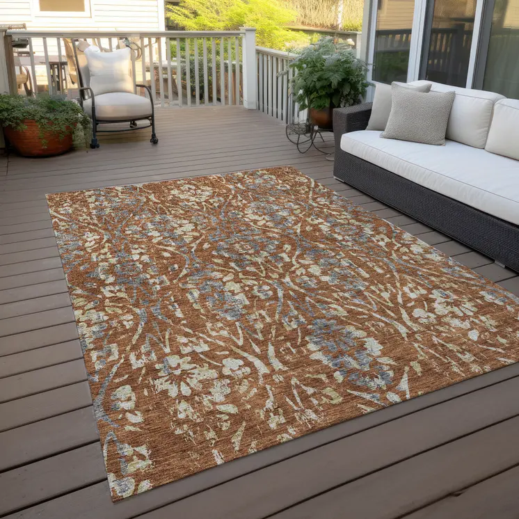 10' X 14' Orange Ivory And Dark Gray Floral Washable Indoor Outdoor Area Rug