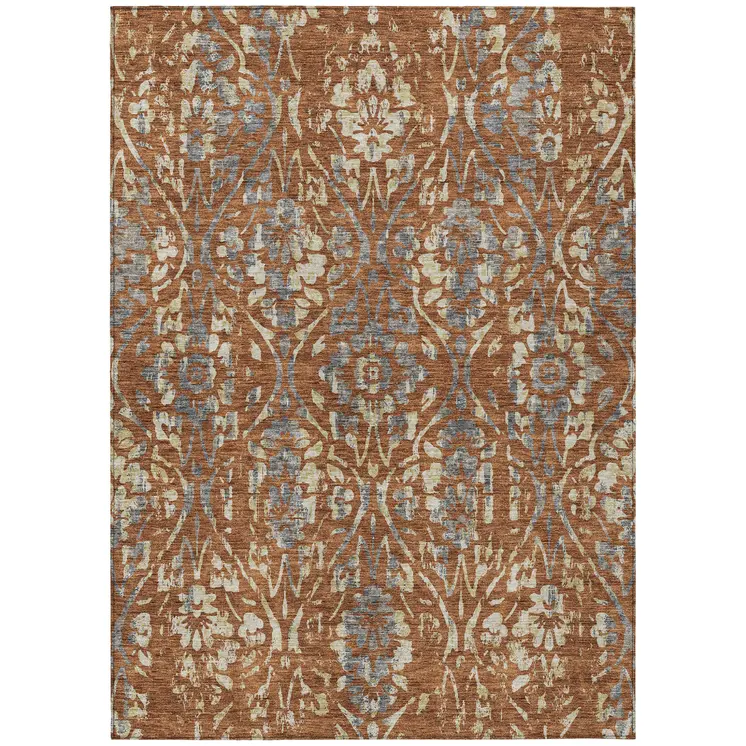 10' X 14' Orange Ivory And Dark Gray Floral Washable Indoor Outdoor Area Rug
