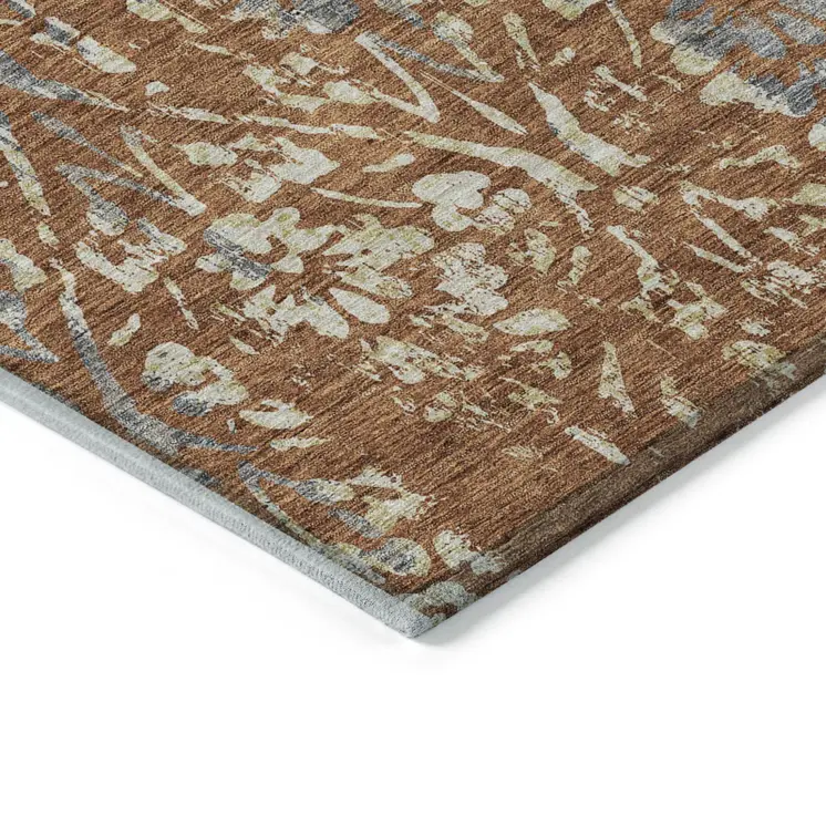 10' X 14' Orange Ivory And Dark Gray Floral Washable Indoor Outdoor Area Rug