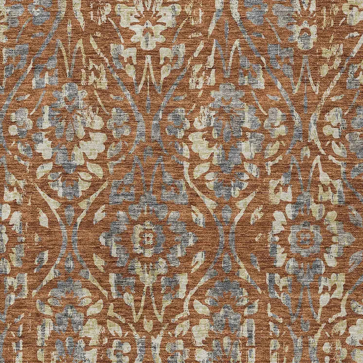10' X 14' Orange Ivory And Dark Gray Floral Washable Indoor Outdoor Area Rug