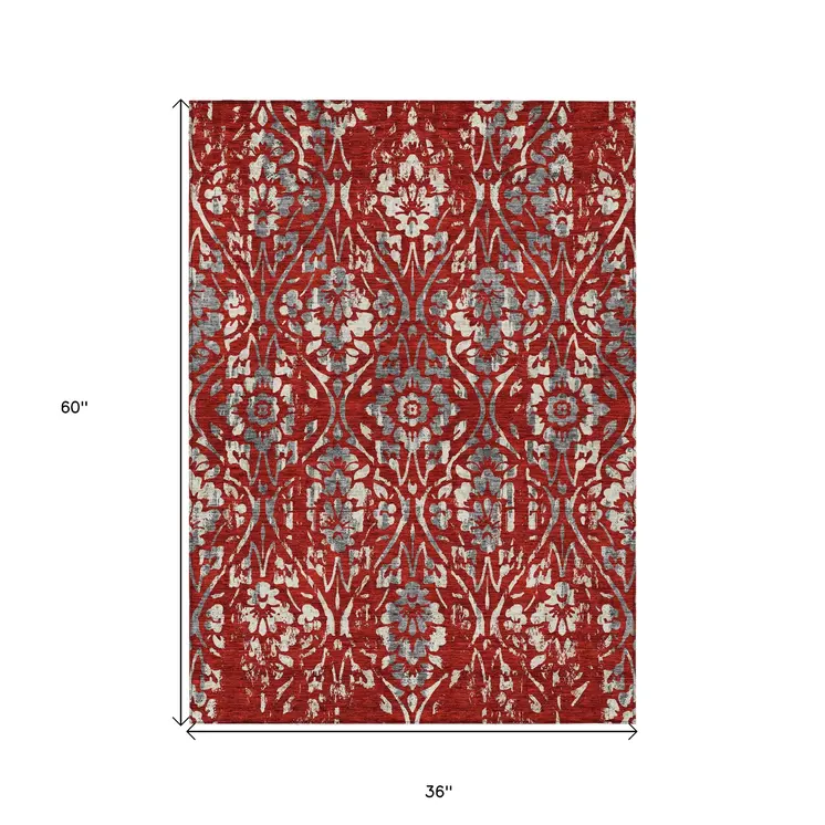 3' X 5' Red Ivory And Dark Gray Floral Washable Indoor Outdoor Area Rug