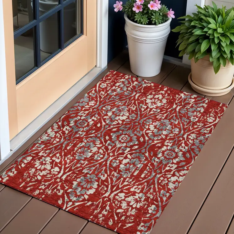 3' X 5' Red Ivory And Dark Gray Floral Washable Indoor Outdoor Area Rug