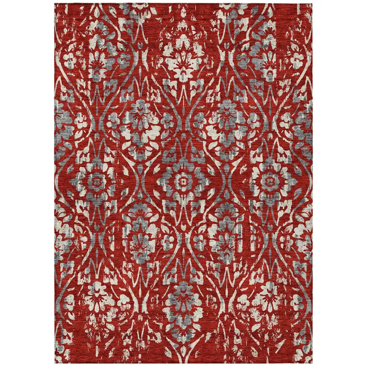 3' X 5' Red Ivory And Dark Gray Floral Washable Indoor Outdoor Area Rug