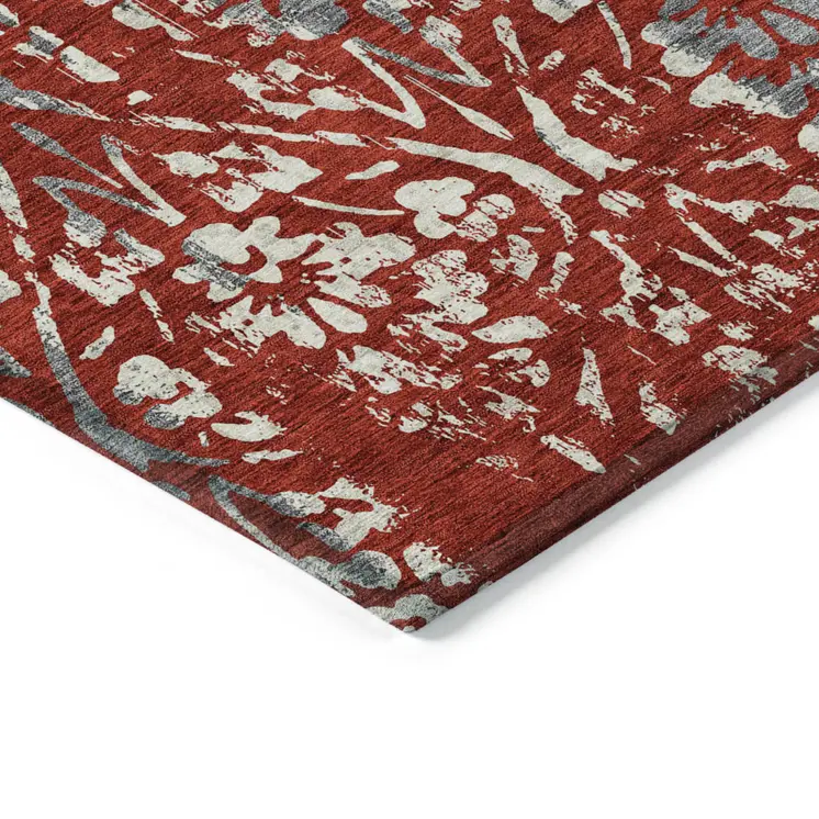 3' X 5' Red Ivory And Dark Gray Floral Washable Indoor Outdoor Area Rug
