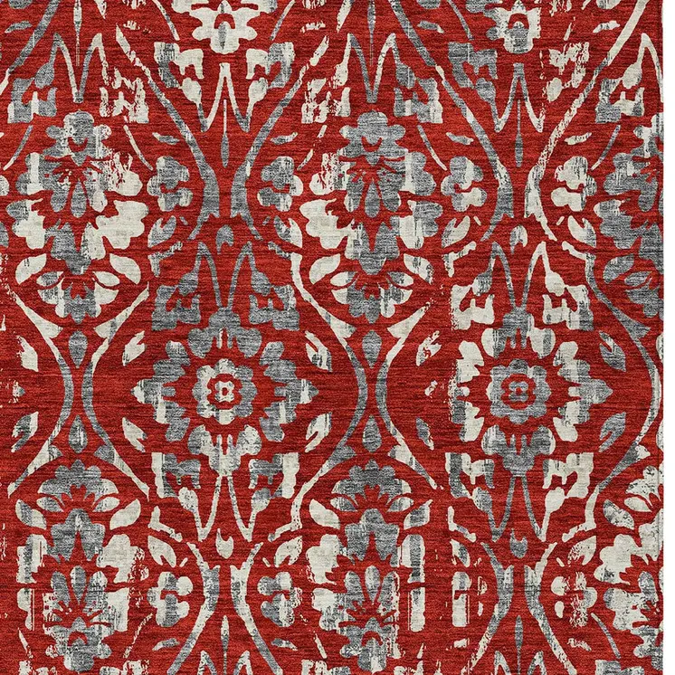 3' X 5' Red Ivory And Dark Gray Floral Washable Indoor Outdoor Area Rug