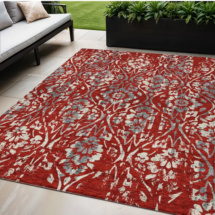 5' X 8' Red Ivory And Dark Gray Floral Washable Indoor Outdoor Area Rug