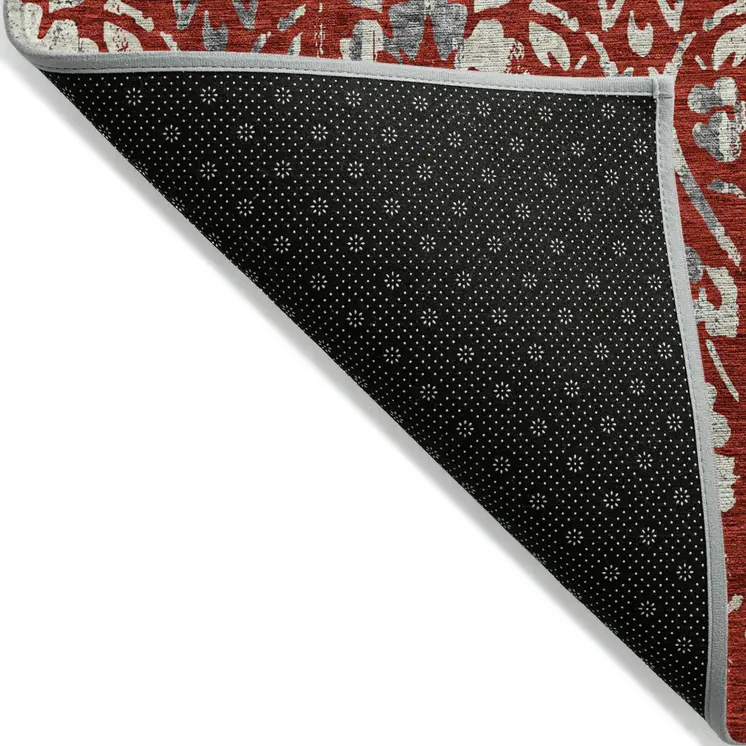 5' X 8' Red Ivory And Dark Gray Floral Washable Indoor Outdoor Area Rug