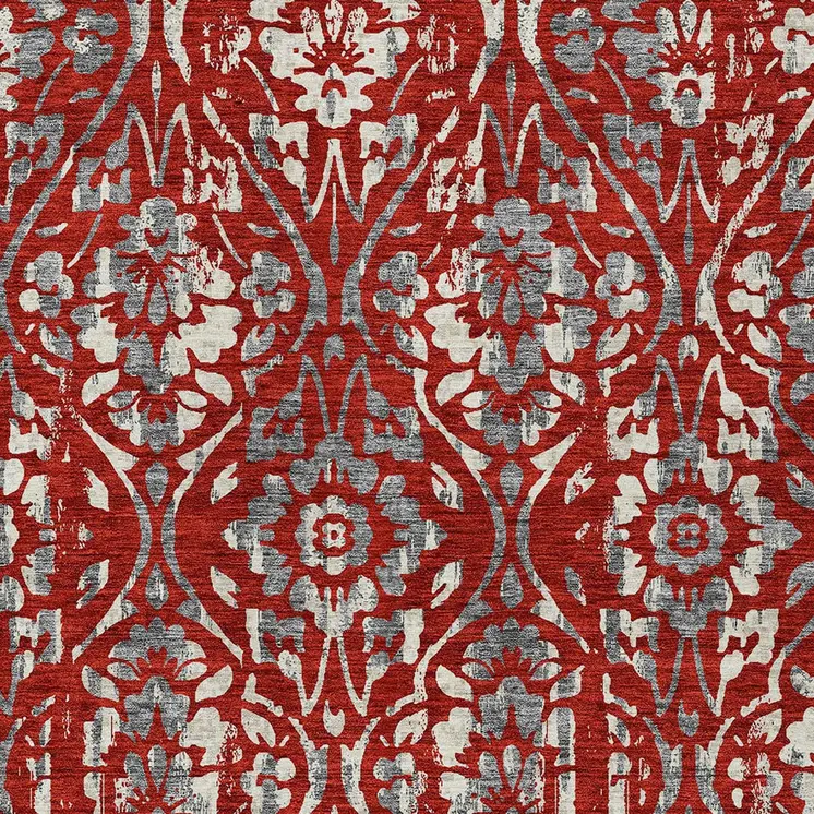 5' X 8' Red Ivory And Dark Gray Floral Washable Indoor Outdoor Area Rug